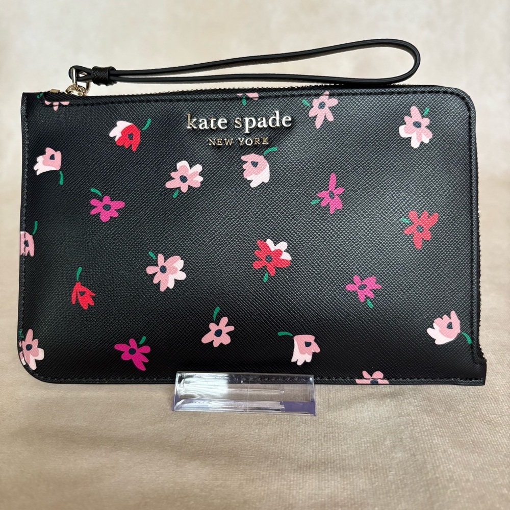 Kate Spade Medium L Zip Ditsy Buds Print Wristlet, Black multi